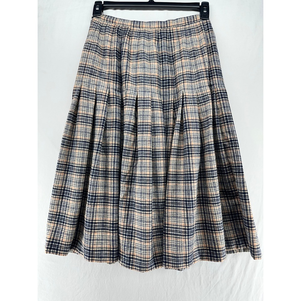 Vintage Pendleton Wool Plaid Pleated Midi Skirt Navy Orange Cream Size 14